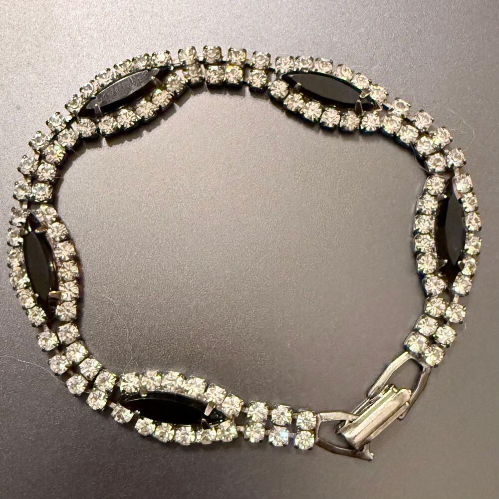 Vintage Jet Black Marquise Glass Rhinestone Tennis Bracelet